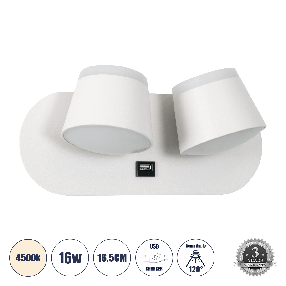 LEDTM® REGENCY 61377 Μοντέρνο Φωτιστικό Τοίχου - Απλίκα Ξενοδοχείου Reading Light με Φορτιστή USB 3A LED 16W 1840lm 120° AC 220-240V IP20 Φυσικό Λευκό 4500K - Bridgelux SMD Chip & TÜV SÜD Driver - Λευκό Ματ - Μ16.5 x Π12 x Υ10cm - 3 Χρόνια Εγγύηση - Image 2