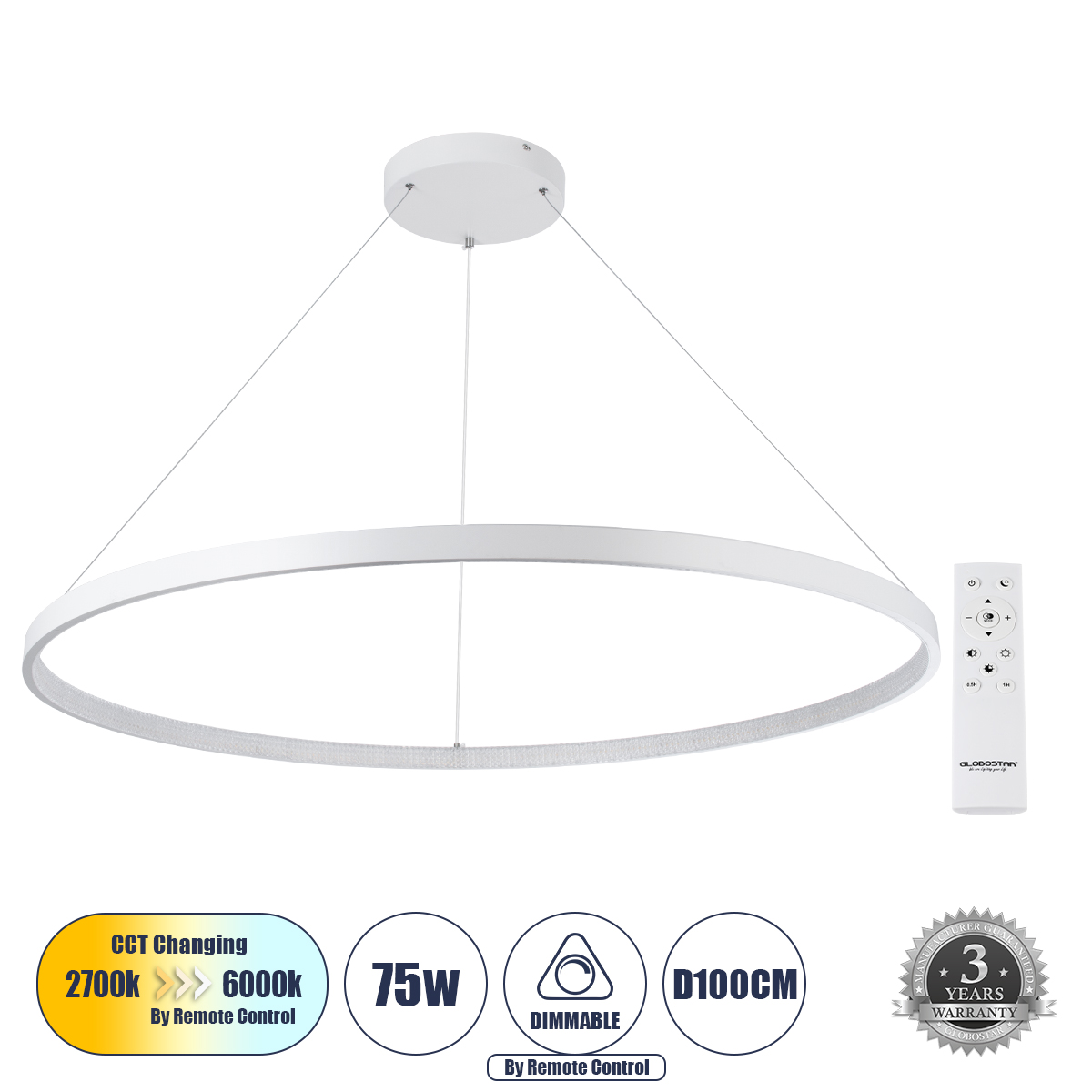 LEDTM® DIAMOND 61518 Μοντέρνο Κρεμαστό Φωτιστικό Οροφής LED 75W 8400lm 360° AC 220-240V IP20 Ρυθμιζόμενο Λευκό CCT με Χειριστήριο από 2700K έως 6000K Dimmable - Lumileds SMD Chip - Λευκό Ματ - Μ100 x Π100 x Υ90cm - 3 Χρόνια Εγγύηση - Image 2