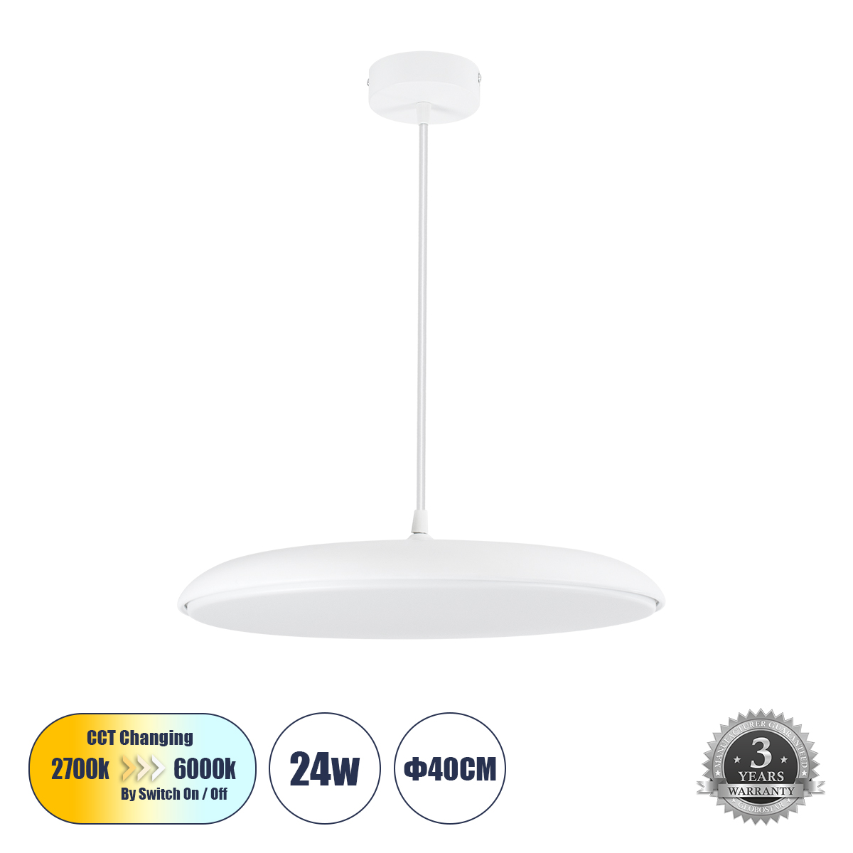 LEDTM® BARON 61255 Μοντέρνο Κρεμαστό Φωτιστικό Οροφής LED 24W 2880lm 120° AC 220-240V IP20 Ρυθμιζόμενο Λευκό CCT με On/Off 2700K/4500K/6000K - Lumileds SMD Chip - Λευκό Ματ - Μ40 x Π40 x Υ10cm - 3 Χρόνια Εγγύηση - Image 2