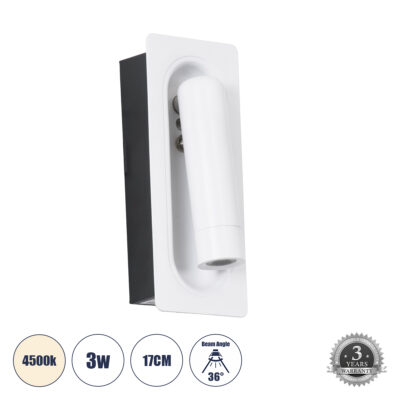 Alternative view of LEDTM® MANHATTAN 61098 Μοντέρνο Φωτιστικό Τοίχου - Απλίκα Ξενοδοχείου Reading Light LED 3W 405lm 36° AC 220-240V IP20 Φυσικό Λευκό 4500K - Bridgelux COB Chip & TÜV SÜD Driver - Λευκό - Μ7 x Π7 x Υ17cm - 3 Χρόνια Εγγύηση