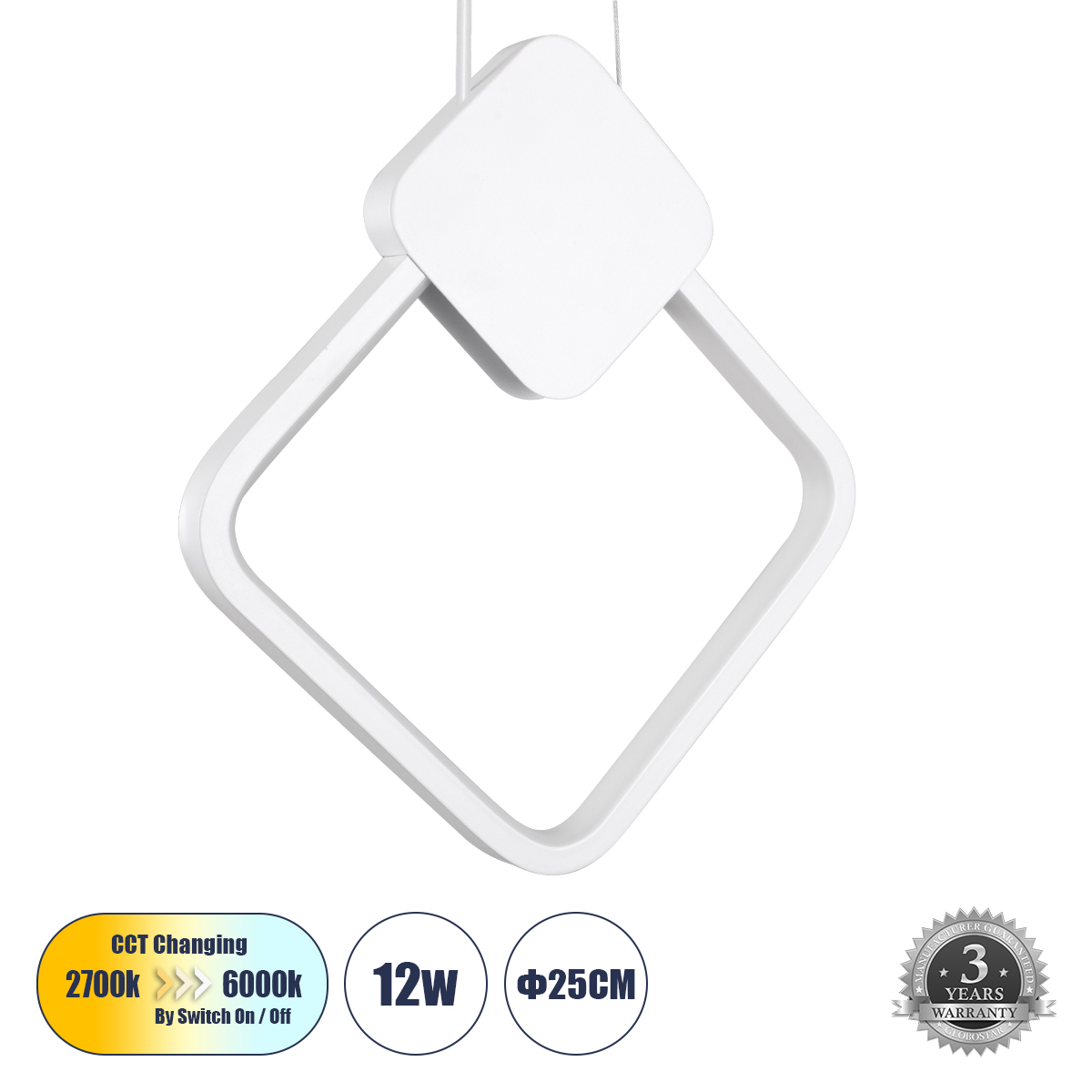 LEDTM® MARY 61083 Μοντέρνο Κρεμαστό Φωτιστικό Οροφής LED 12W 1440lm 300° AC 220-240V IP20 Ρυθμιζόμενο Λευκό CCT με On/Off 2700K/4500K/6000K - Lumileds SMD Chip - Λευκό - Μ20 x Π2.3 x Υ28.5cm - 3 Χρόνια Εγγύηση - Image 2