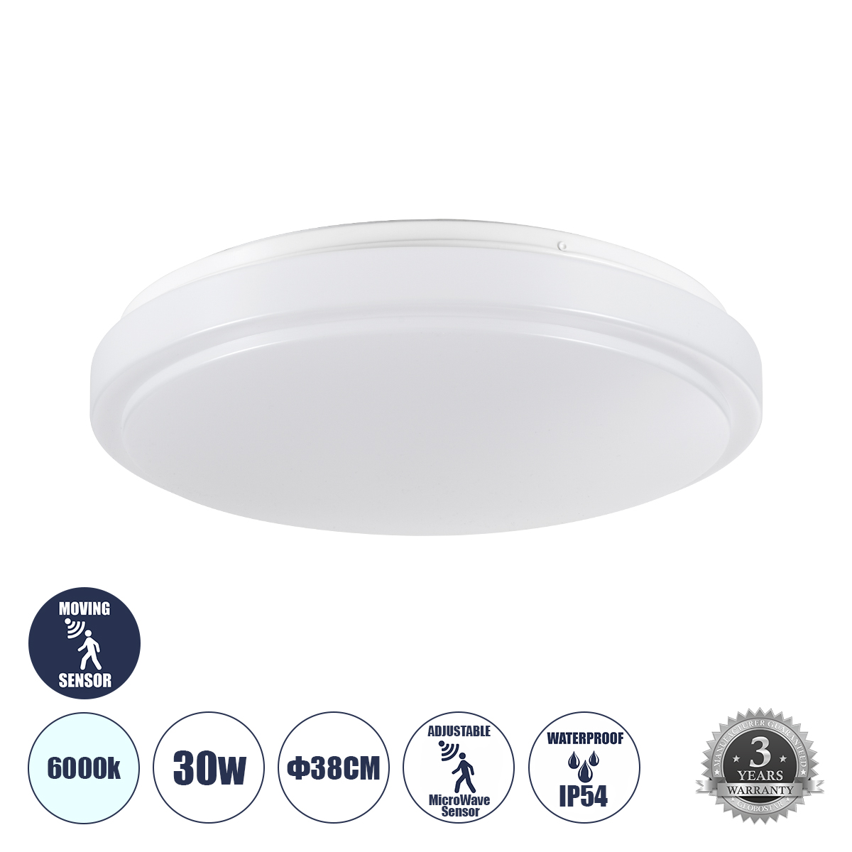 LEDTM® SENSORANO 60994 Μοντέρνο Φωτιστικό Οροφής με Ανιχνευτή Microwave / Αισθητήρα Κίνησης LED 30W 3900lm 120° AC 220-240V Αδιάβροχο IP54 Ψυχρό Λευκό 6000K - Lumileds SMD Chip - Λευκό Γαλακτερό - Μ38 x Π38 x Υ5.3cm - 3 Χρόνια Εγγύηση - Image 2