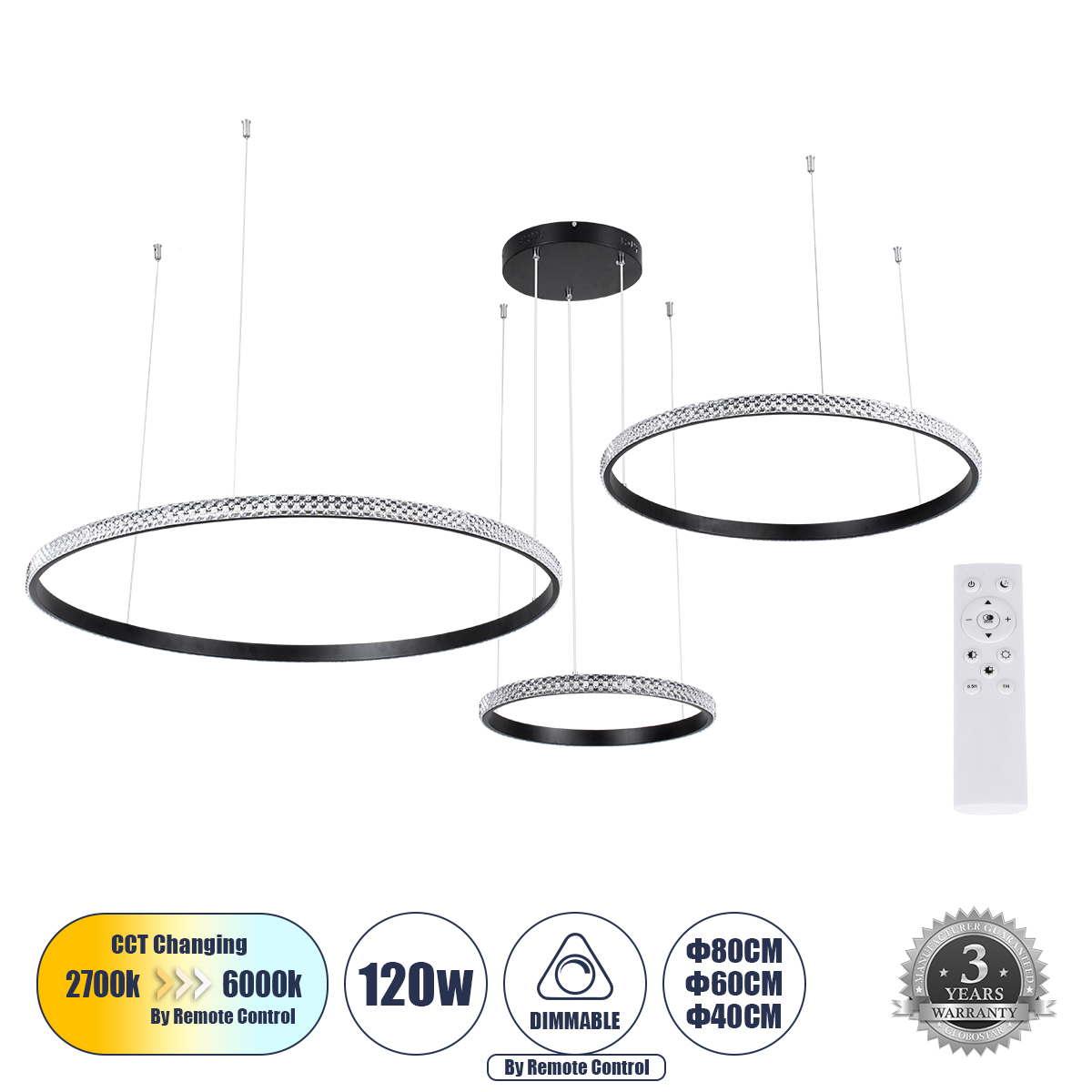 LEDTM® DIAMOND TRIO 61144 Μοντέρνο Κρεμαστό Φωτιστικό Οροφής LED 120W 14723lm 360° AC 220-240V IP20 Ρυθμιζόμενο Λευκό CCT με Χειριστήριο από 2700K έως 6000K Dimmable - Lumileds SMD Chip - Μαυρό Ματ - Μ150 x Π150 x Υ60cm - 3 Χρόνια Εγγύηση - Image 2