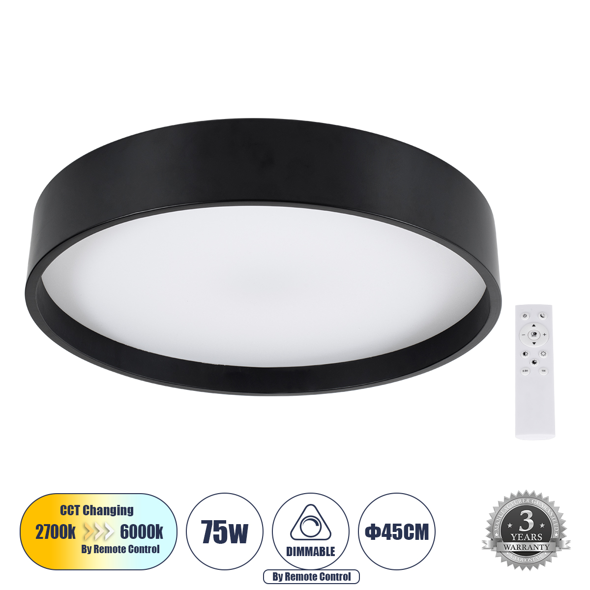 LEDTM® NARNIA 61257 Μοντέρνο Φωτιστικό Οροφής LED 75W 8625lm 120° AC 220-240V IP20 Ρυθμιζόμενο Λευκό CCT με Χειριστήριο από 2700K έως 6000K Dimmable - Lumileds SMD Chip - Μαύρο Ματ - Μ45 x Π45 x Υ8cm - 3 Χρόνια Εγγύηση - Image 2