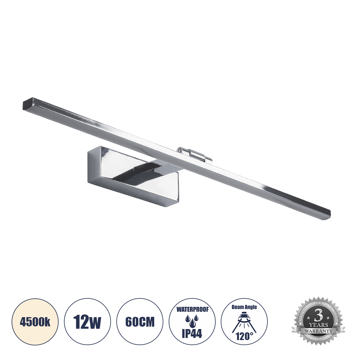 LEDTM® ELLIS 60445 Μοντέρνο Φωτιστικό Τοίχου - Απλίκα Καθρέπτη Μπάνιου LED 12W 1400lm 120° AC 220-240V IP44 Φυσικό Λευκό 4500K - Lumileds SMD Chip & TÜV SÜD Driver - Νίκελ Χρώμιο - Μ60 x Π16 x Υ6cm - 3 Χρόνια Εγγύηση - Image 2