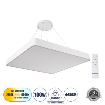 Alternative view of LEDTM® KAMALA 61211-P Μοντέρνο Κρεμαστό Φωτιστικό Οροφής LED 100W 11020lm 120° AC 220-240V IP20 Ρυθμιζόμενο Λευκό CCT με Χειριστήριο από 2700K έως 6000K Dimmable - Lumileds SMD Chip - Λευκό Ματ - Μ80 x Π80 x Υ8cm - 3 Χρόνια Εγγύηση