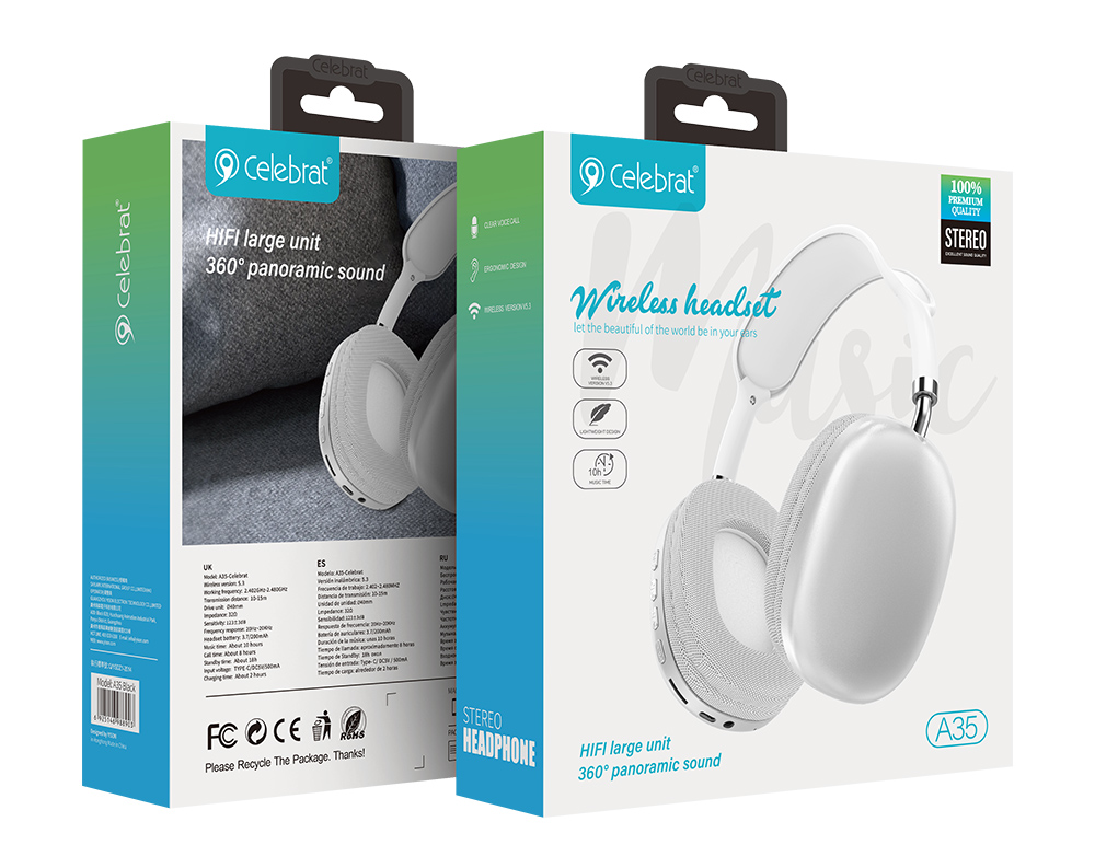 CELEBRAT headphones A35, ασύρματα & ενσύρματα, micro SD, 40mm, 200mAh, λευκά - Image 6