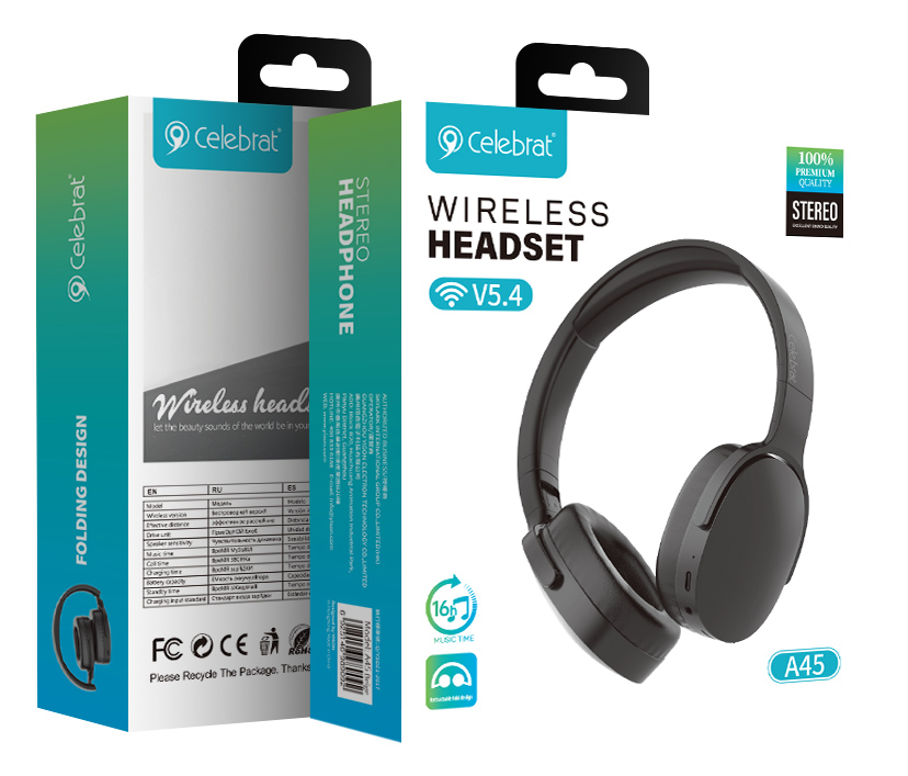 CELEBRAT headphones A45, ασύρματα & ενσύρματα, micro SD, 40mm, 250mAh, μαύρα - Image 7