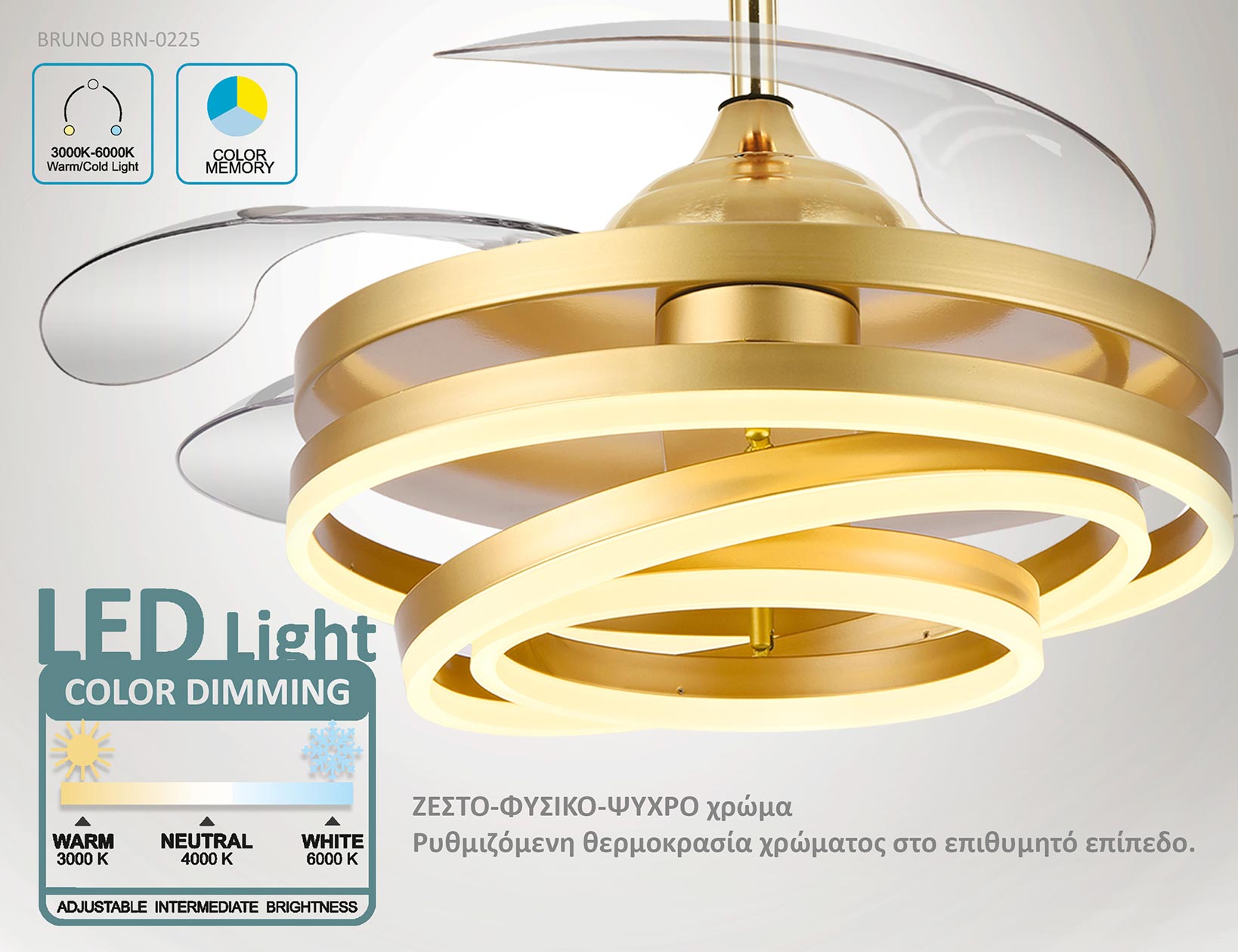 BRUNO ανεμιστήρας οροφής με LED φως BRN-0225, AC 122W, 42", Φ107x58εκ., χρυσός - Image 5