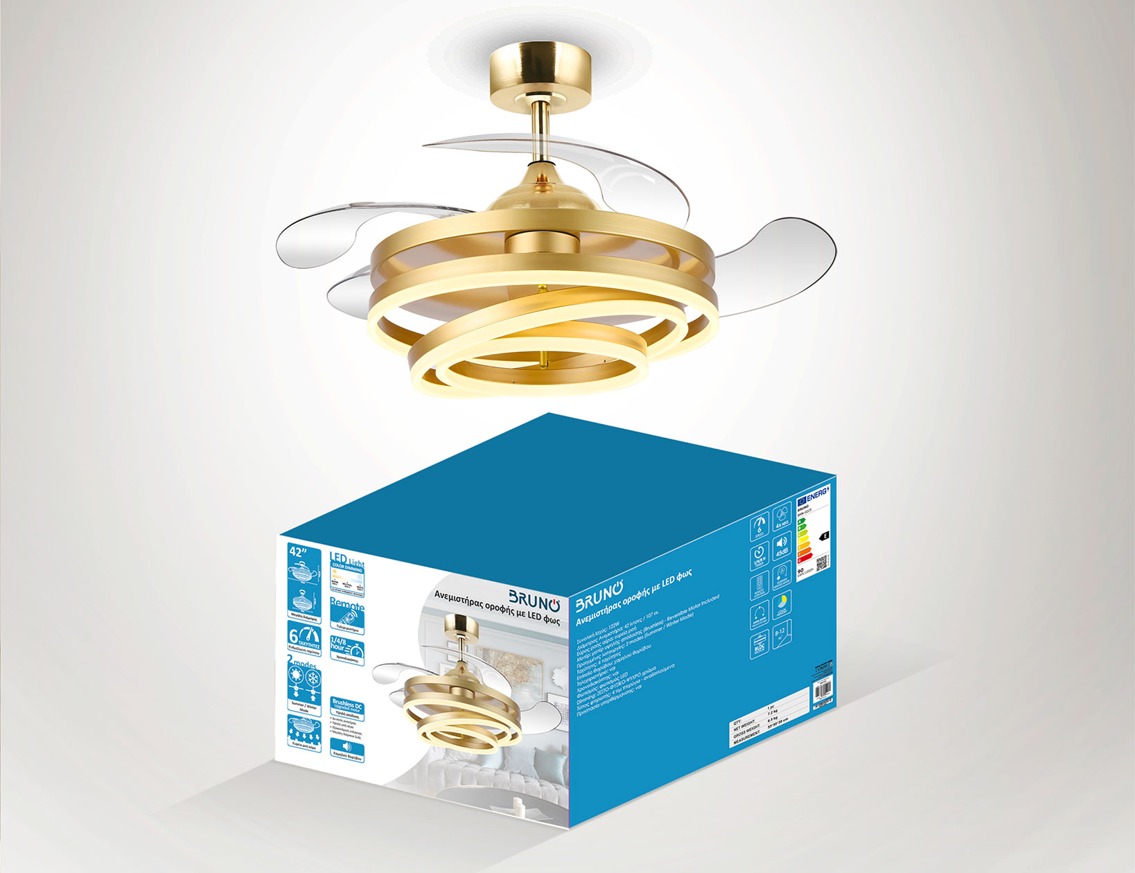 BRUNO ανεμιστήρας οροφής με LED φως BRN-0225, AC 122W, 42", Φ107x58εκ., χρυσός - Image 7