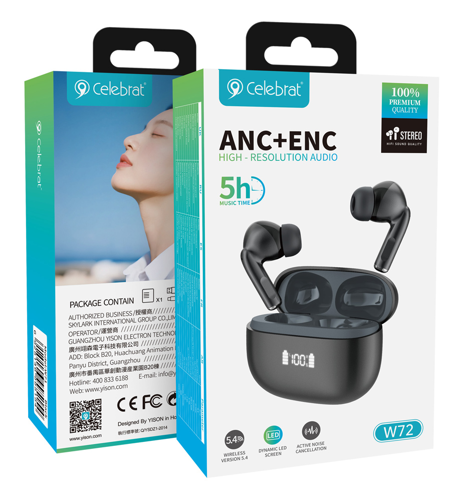 CELEBRAT earphones με θήκη φόρτισης W72, True Wireless, 10mm, 33/380mAh, ANC & ENC, μαύρα - Image 5