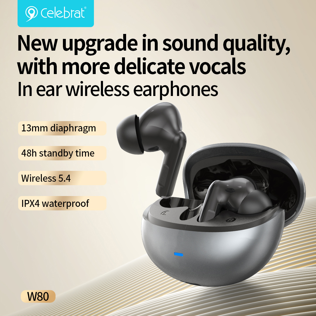 CELEBRAT earphones με θήκη φόρτισης W80, True Wireless, 13mm, 30/230mAh, γκρι - Image 6