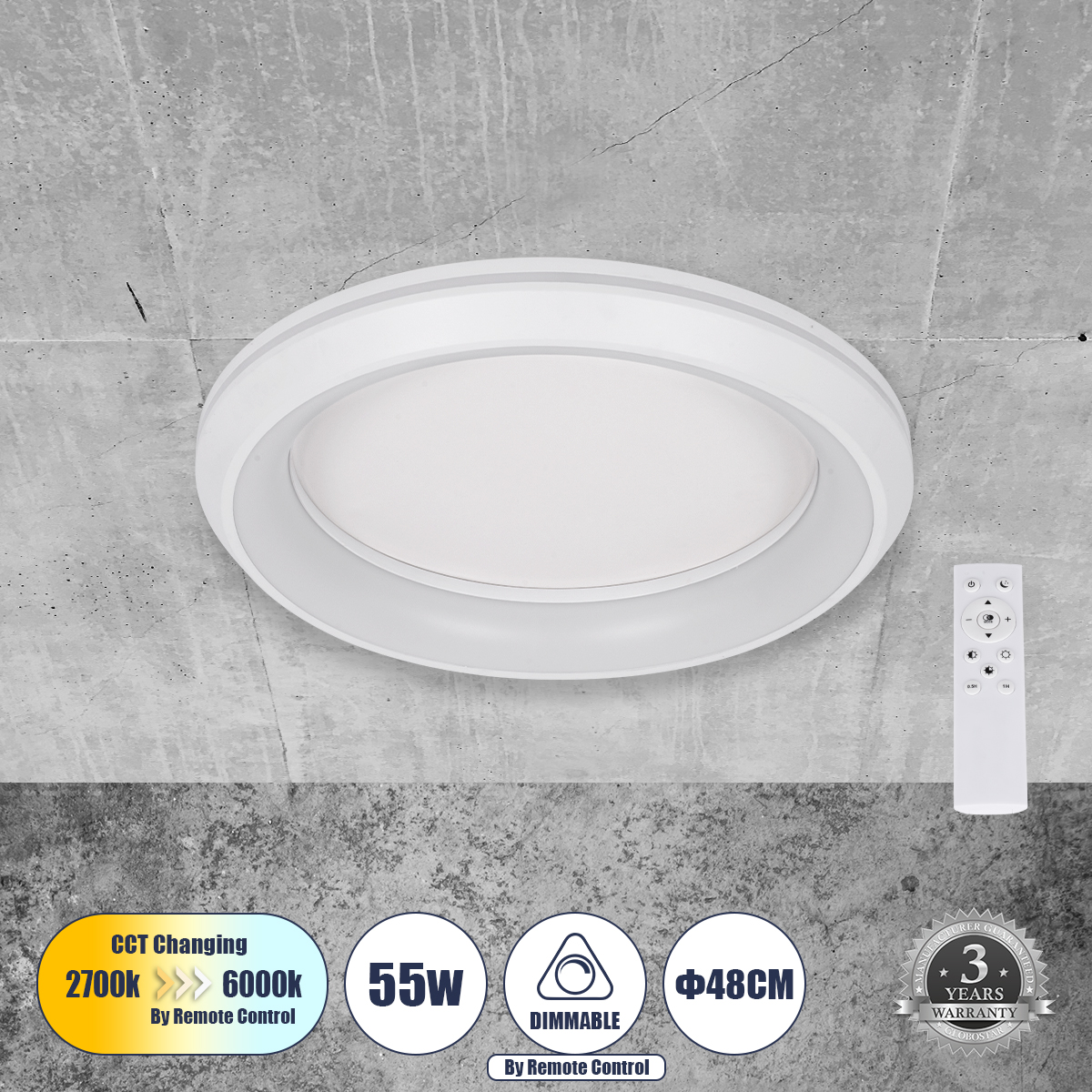 LEDTM® MELINA 61041 Μοντέρνο Φωτιστικό Οροφής LED 55W 6376lm 120° AC 220-240V IP20 Ρυθμιζόμενο Λευκό CCT με Χειριστήριο από 2700K έως 6000K Dimmable - Lumileds SMD Chip - Λευκό Ματ - Μ48 x Π48 x Υ9cm - 3 Χρόνια Εγγύηση - Image 2