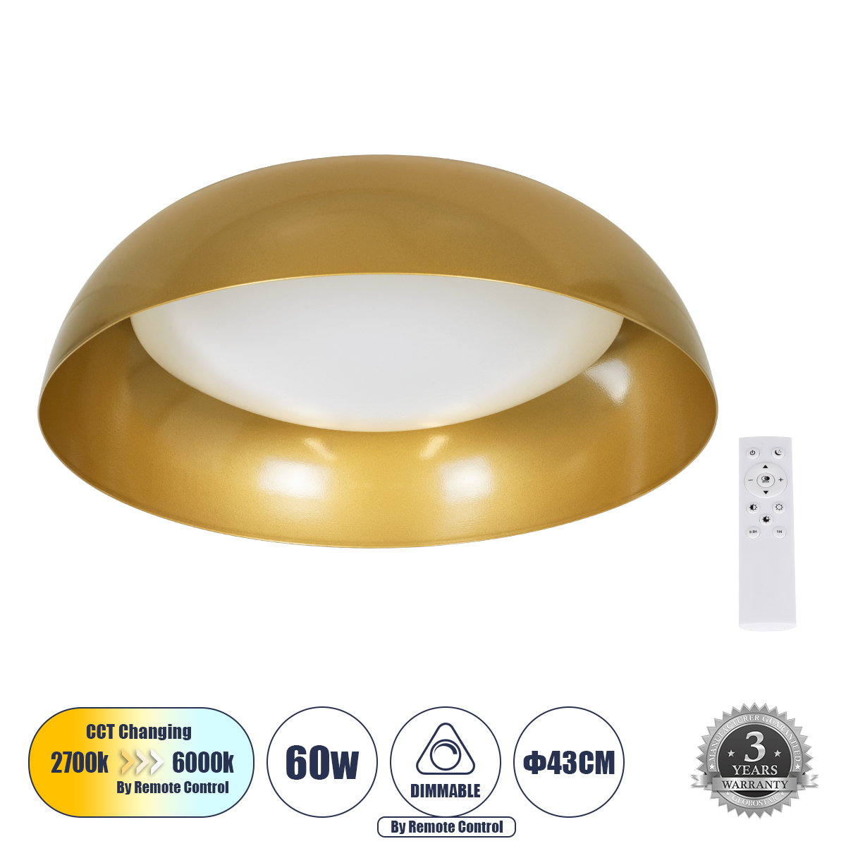 LEDTM® ANATOLIA 61263 Μοντέρνο Φωτιστικό Οροφής LED 60W 6900lm 120° AC 220-240V IP20 Ρυθμιζόμενο Λευκό CCT με Χειριστήριο από 2700K έως 6000K Dimmable - Lumileds SMD Chip - Χρυσό - Μ43 x Π43 x Υ11cm - 3 Χρόνια Εγγύηση - Image 2
