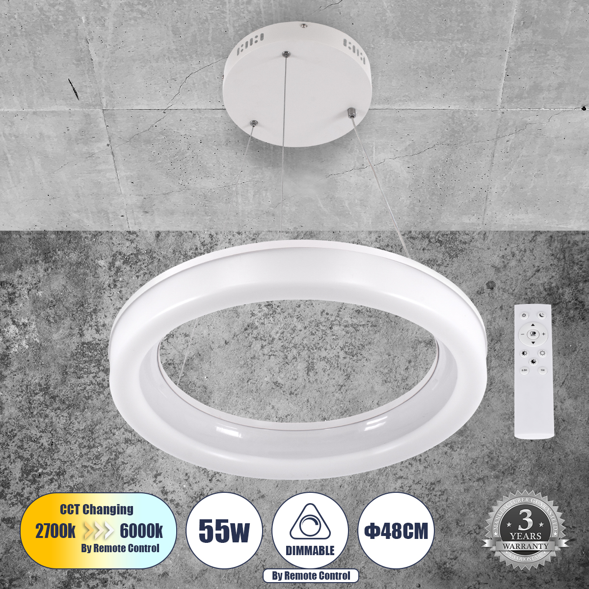 LEDTM® ARIANA 61038 Μοντέρνο Κρεμαστό Φωτιστικό Οροφής LED 55W 6376lm 120° AC 220-240V IP20 Ρυθμιζόμενο Λευκό CCT με Χειριστήριο από 2700K έως 6000K Dimmable - Lumileds SMD Chip - Λευκό Ματ - Μ48 x Π48 x Υ6.5cm - 3 Χρόνια Εγγύηση - Image 2
