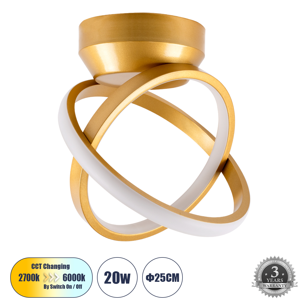 LEDTM® AMELIA 61054 Μοντέρνο Φωτιστικό Οροφής LED 20W 2400lm 300° AC 220-240V IP20 Ρυθμιζόμενο Λευκό CCT με On/Off 2700K/4500K/6000K - Lumileds SMD Chip - Χρυσό Βούρτσας - Μ24.5 x Π16 x Υ25cm - 3 Χρόνια Εγγύηση - Image 2