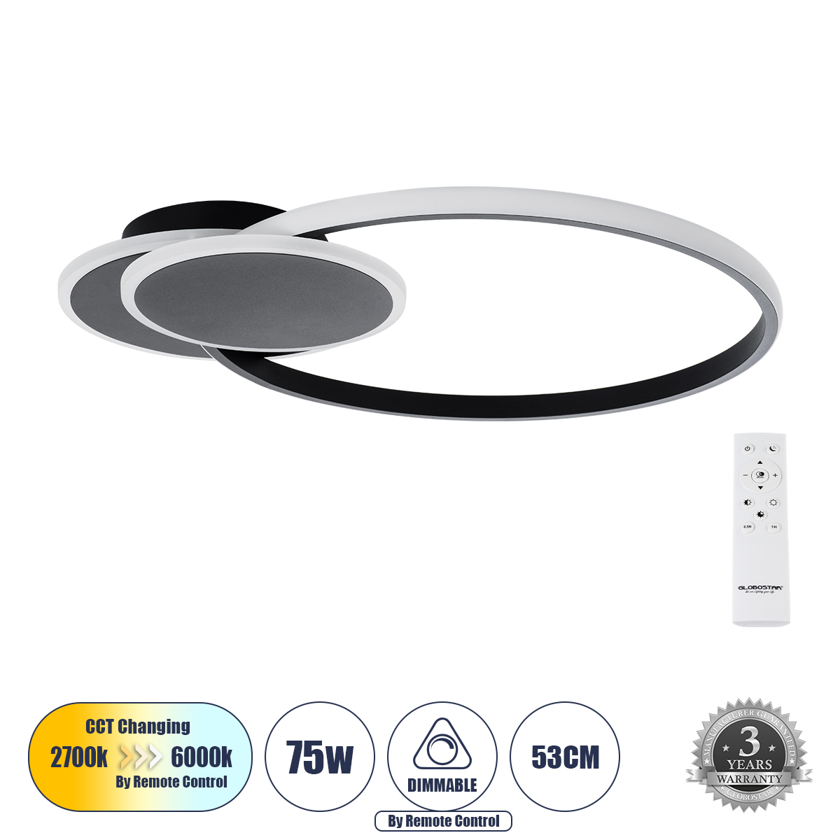 LEDTM® CIRCUO 61229 Μοντέρνο Φωτιστικό Οροφής LED 75W 8400lm 360° AC 220-240V IP20 Ρυθμιζόμενο Λευκό CCT με Χειριστήριο από 2700K έως 6000K Dimmable - Lumileds SMD Chip - Μαύρο Ματ - Μ53 x Π42.5 x Υ9cm - 3 Χρόνια Εγγύηση - Image 2