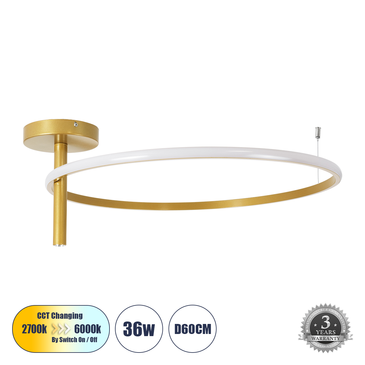 LEDTM® VERONA 61225 Μοντέρνο Φωτιστικό Οροφής LED 36W 4032lm 360° AC 220-240V IP20 Ρυθμιζόμενο Λευκό CCT με On/Off 2700K/4500K/6000K - Lumileds SMD Chip - Χρυσό Βούρτσας - Μ60 x Π60 x Υ23cm - 3 Χρόνια Εγγύηση - Image 2