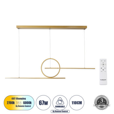 Alternative view of LEDTM® TEREZA 61289 Μοντέρνο Κρεμαστό Φωτιστικό Οροφής LED 67W 7504lm 300° AC 220-240V IP20 Ρυθμιζόμενο Λευκό CCT με Χειριστήριο από 2700K έως 6000K Dimmable - Lumileds SMD Chip - Χρυσό Βούρτσας - Μ110 x Π4.5 x Υ34cm - 3 Χρόνια Εγγύηση