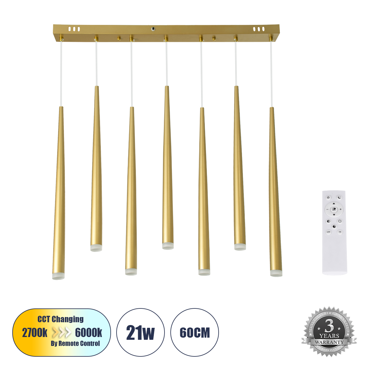 LEDTM® TEARS 61312 Μοντέρνο Κρεμαστό Φωτιστικό Οροφής LED 21W 2310lm 180° AC 220-240V IP20 Ρυθμιζόμενο Λευκό CCT με Χειριστήριο από 2700K έως 6000K Dimmable - Lumileds SMD Chip - Χρυσό Βούρτσας - Μ70 x Π3.2 x Υ60cm - 3 Χρόνια Εγγύηση - Image 2
