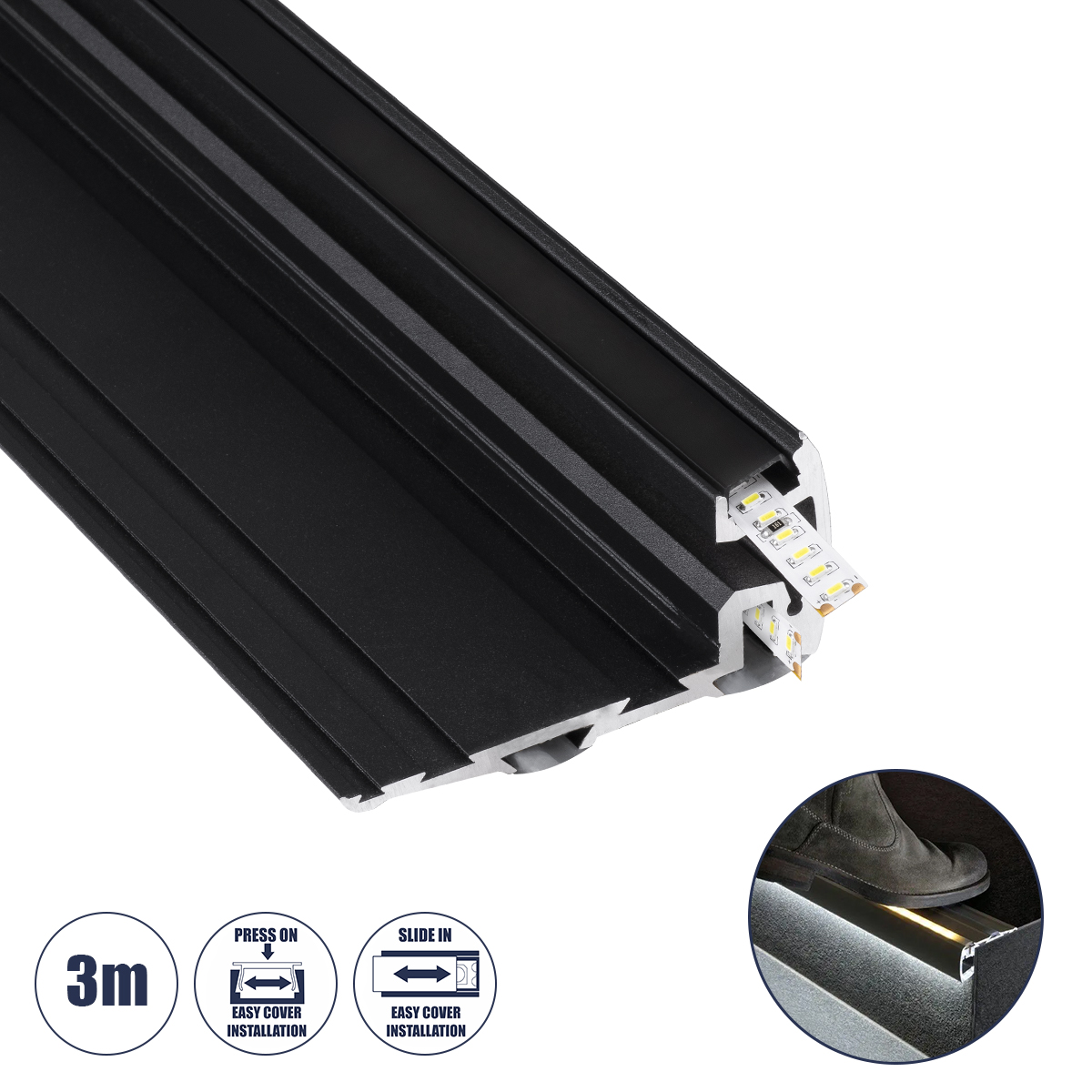 LEDTM® STAIR-PROFILE 70843-3M Προφίλ Αλουμινίου - Βάση & Ψύκτρα Ταινίας LED με Μαύρο Φιμέ Κάλυμμα - Χρήση σε Σκαλοπάτια - Πατητό Κάλυμμα - Μαύρο - 3 Μέτρα - Μ300 x Π8 x Υ3.2cm - Image 2