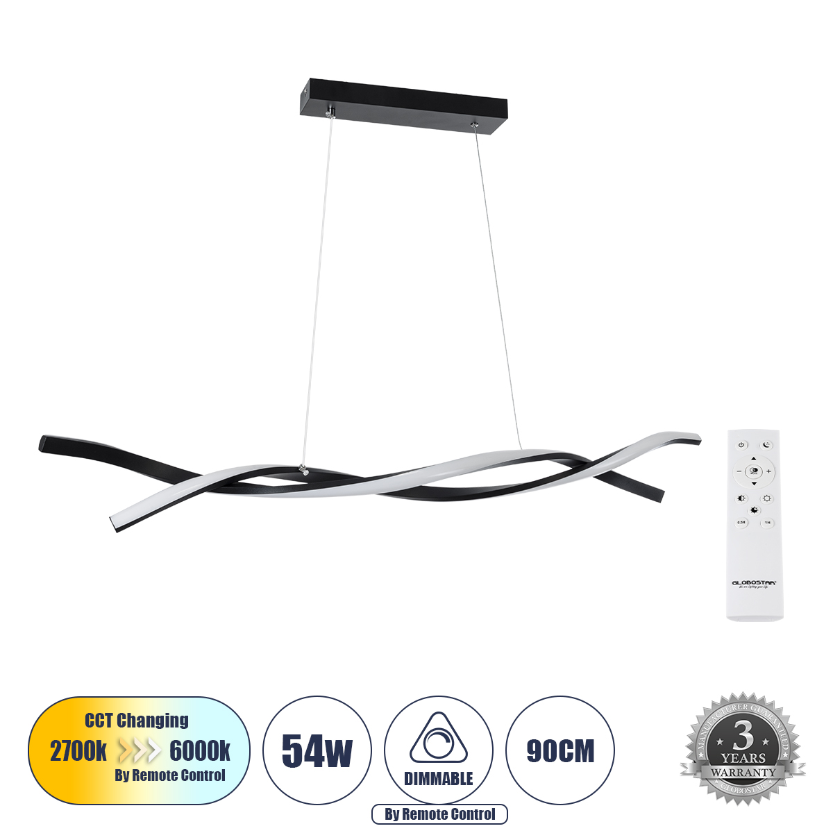 LEDTM® MORALES 61275 Μοντέρνο Κρεμαστό Φωτιστικό Οροφής LED 54W 6048lm 300° AC 220-240V IP20 Ρυθμιζόμενο Λευκό CCT με Χειριστήριο από 2700K έως 6000K Dimmable - Lumileds SMD Chip - Μαύρο Ματ - Μ90 x Π14 x Υ14cm - 3 Χρόνια Εγγύηση - Image 2