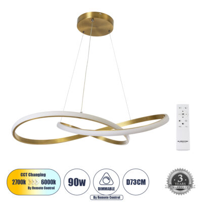 Alternative view of LEDTM® DEXTER 60916 Μοντέρνο Κρεμαστό Φωτιστικό Οροφής LED 90W 10080lm 300° AC 220-240V IP20 Ρυθμιζόμενο Λευκό CCT με Χειριστήριο από 2700K έως 6000K Dimmable - Lumileds SMD Chip - Σατινέ Χρυσό Βούρτσας - Μ73 x Π73 x Υ16cm - 3 Χρόνια Εγγύηση