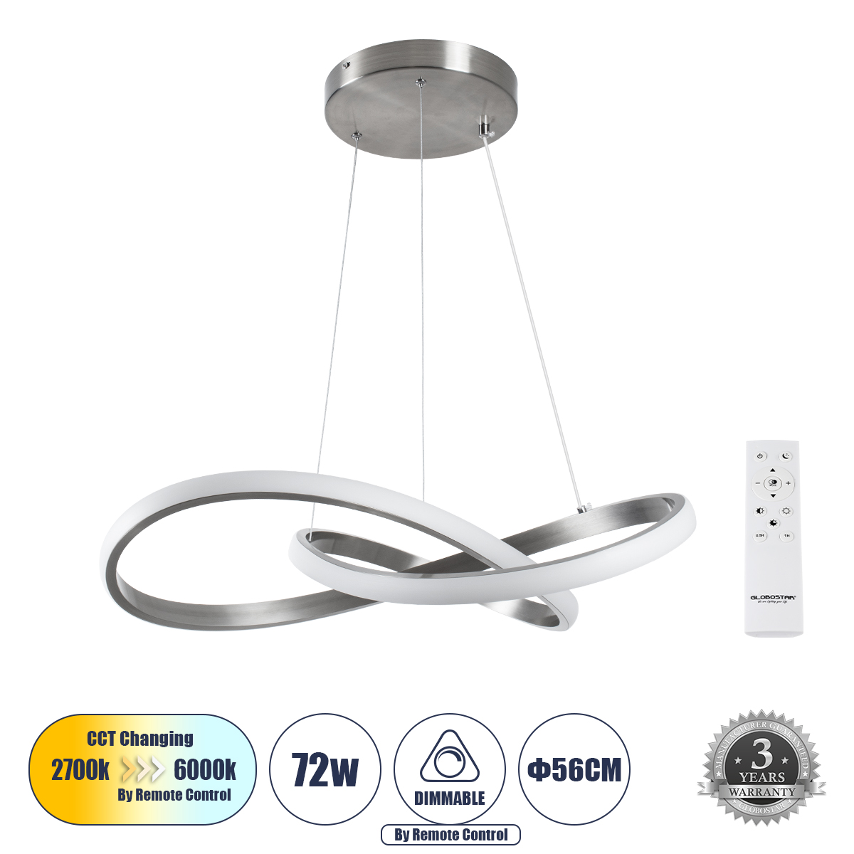 LEDTM® DEXTER 60498 Μοντέρνο Κρεμαστό Φωτιστικό Οροφής LED 72W 8064lm 300° AC 220-240V IP20 Ρυθμιζόμενο Λευκό CCT με Χειριστήριο από 2700K έως 6000K Dimmable - Lumileds SMD Chip - Νίκελ Βούρτσας - Μ56 x Π56 x Υ14cm - 3 Χρόνια Εγγύηση - Image 2