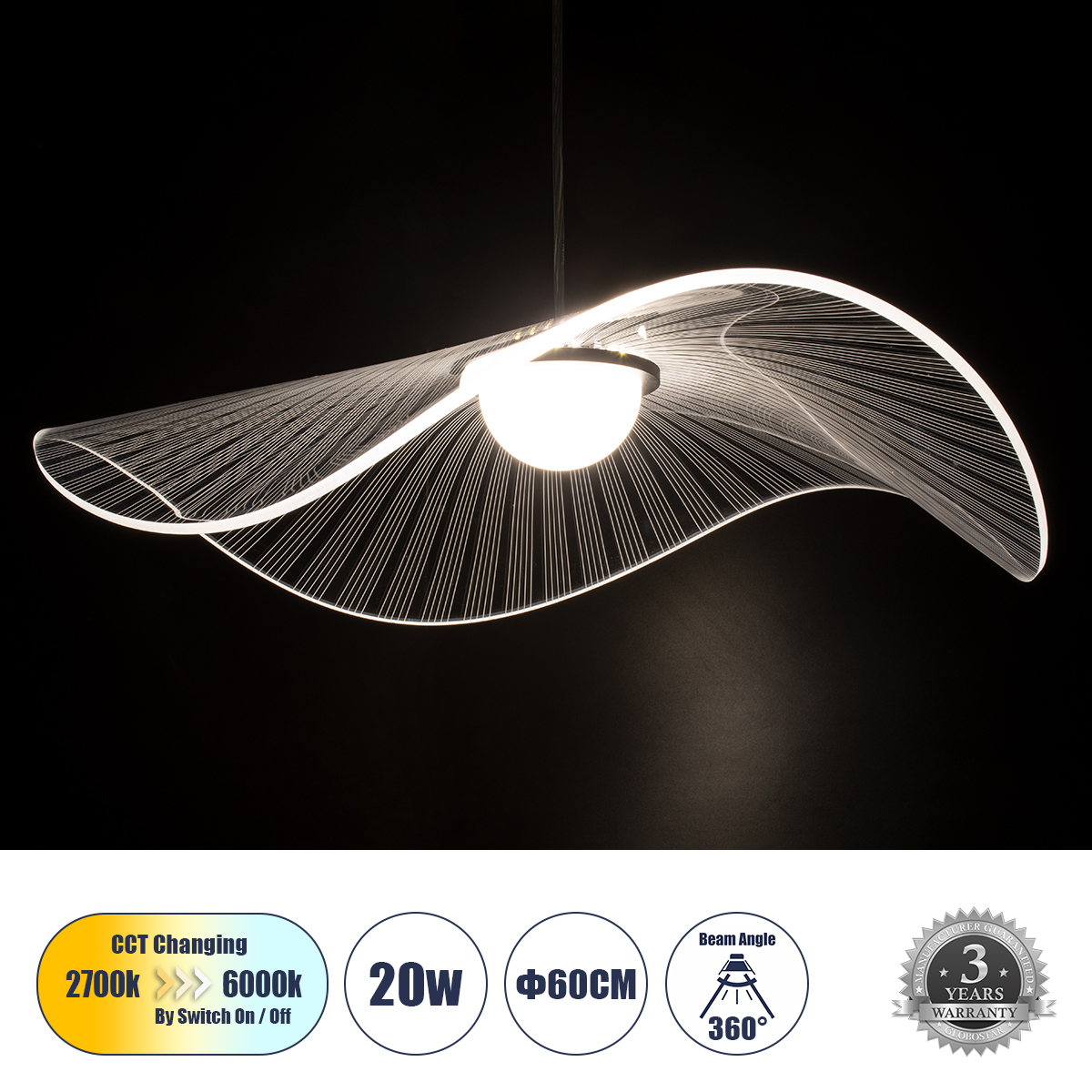 LEDTM® ACRYLICA 60975 Μοντέρνο Κρεμαστό Φωτιστικό Οροφής LED 20W 2240lm 360° AC 220-240V IP20 Ρυθμιζόμενο Λευκό CCT με On/Off 2700K/4500K/6000K - Lumileds SMD Chip - Διάφανο & Μαύρο Ματ - Μ60 x Π60 x Υ15cm - 3 Χρόνια Εγγύηση - Image 2