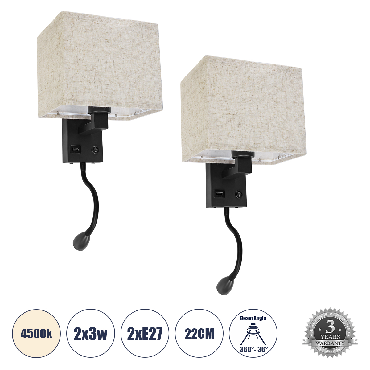 LEDTM® ROULETTE-S 61382 Μοντέρνο Φωτιστικό Τοίχου - Απλίκα Ξενοδοχείου Reading Light με Φορτιστή USB 3A & Ντουί 1 x E27 LED 3W 360lm 36° & 360° AC 220-240V IP20 Φυσικό Λευκό 4500K - Bridgelux COB Chip & TÜV SÜD Driver - Μαύρο & Μπεζ - Μ17 x Π20 x Υ37cm - Σετ 2 Τεμαχίων - 3 Χρόνια Εγγύηση - Image 2