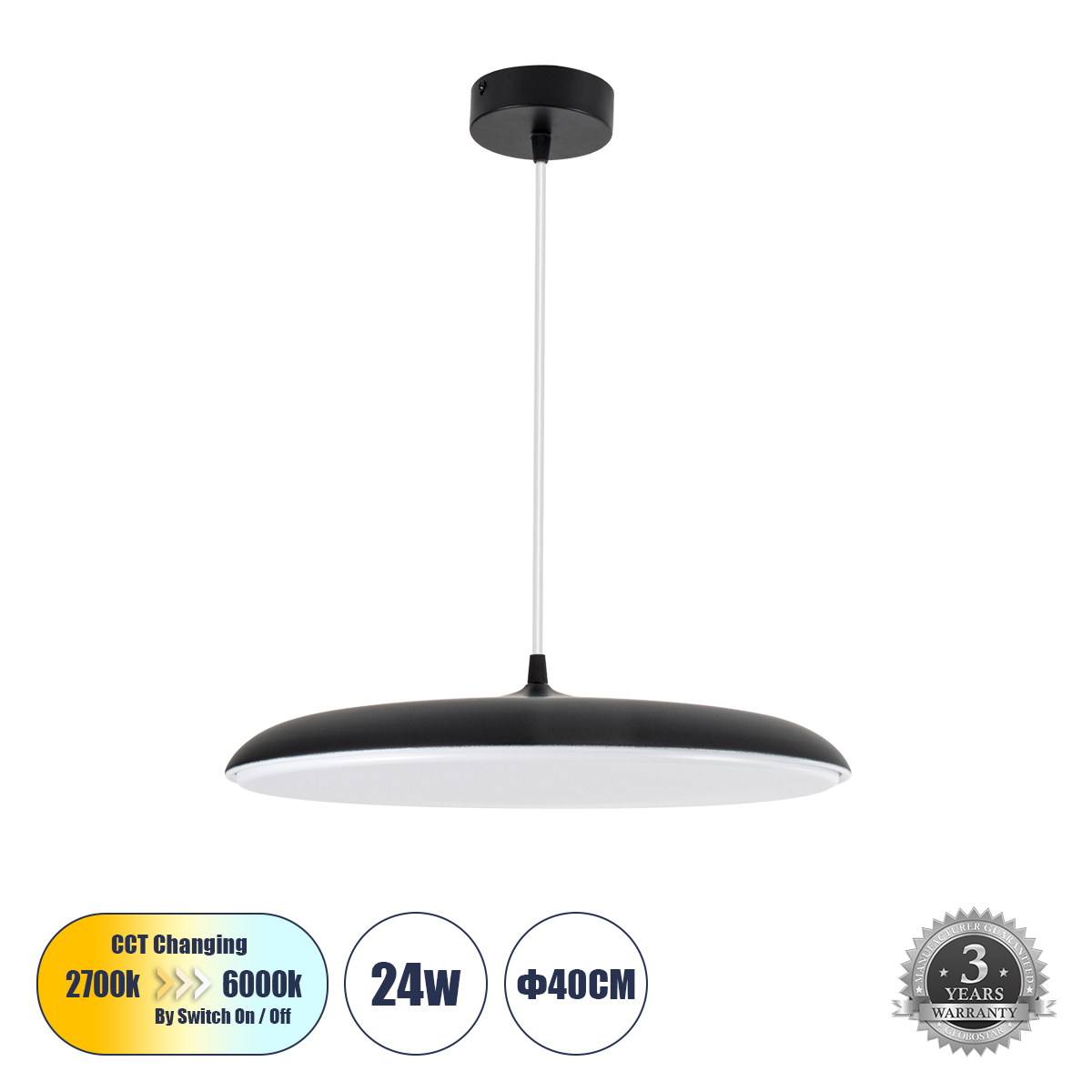 LEDTM® BARON 61254 Μοντέρνο Κρεμαστό Φωτιστικό Οροφής LED 24W 2880lm 120° AC 220-240V IP20 Ρυθμιζόμενο Λευκό CCT με On/Off 2700K/4500K/6000K - Lumileds SMD Chip - Μαύρο Ματ - Μ40 x Π40 x Υ10cm - 3 Χρόνια Εγγύηση - Image 2