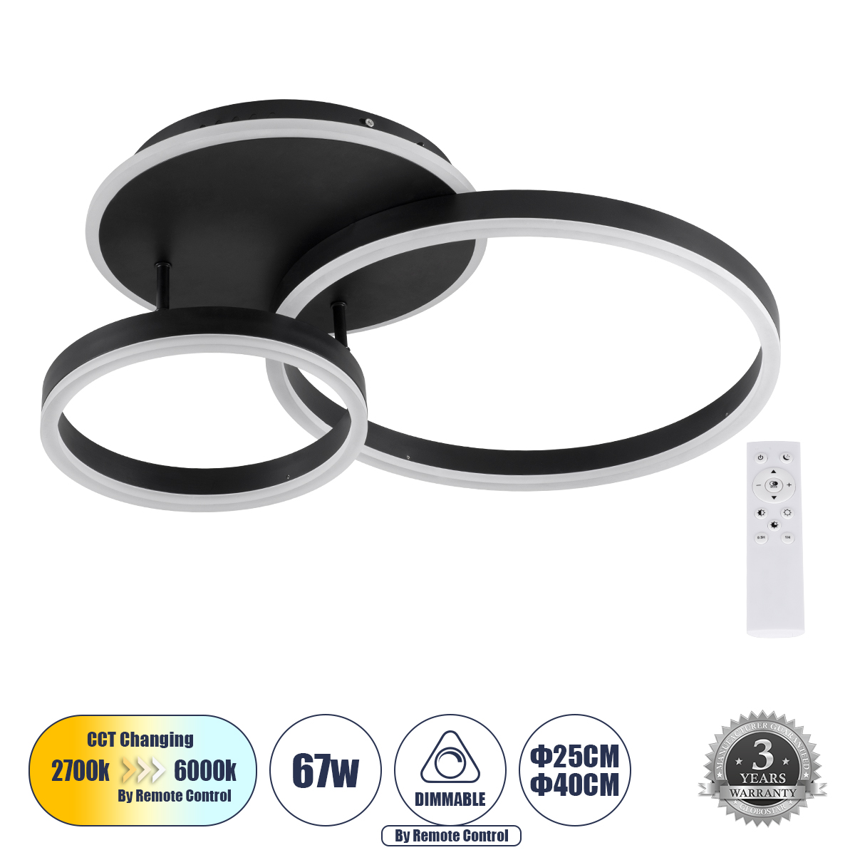 LEDTM® VENOM 61120 Μοντέρνο Φωτιστικό Οροφής LED 67W 8107lm 360° AC 220-240V IP20 Ρυθμιζόμενο Λευκό CCT με Χειριστήριο από 2700K έως 6000K Dimmable - Lumileds SMD Chip - Μαύρο Ματ - Μ60 x Π40 x Υ12.5cm - 3 Χρόνια Εγγύηση - Image 2
