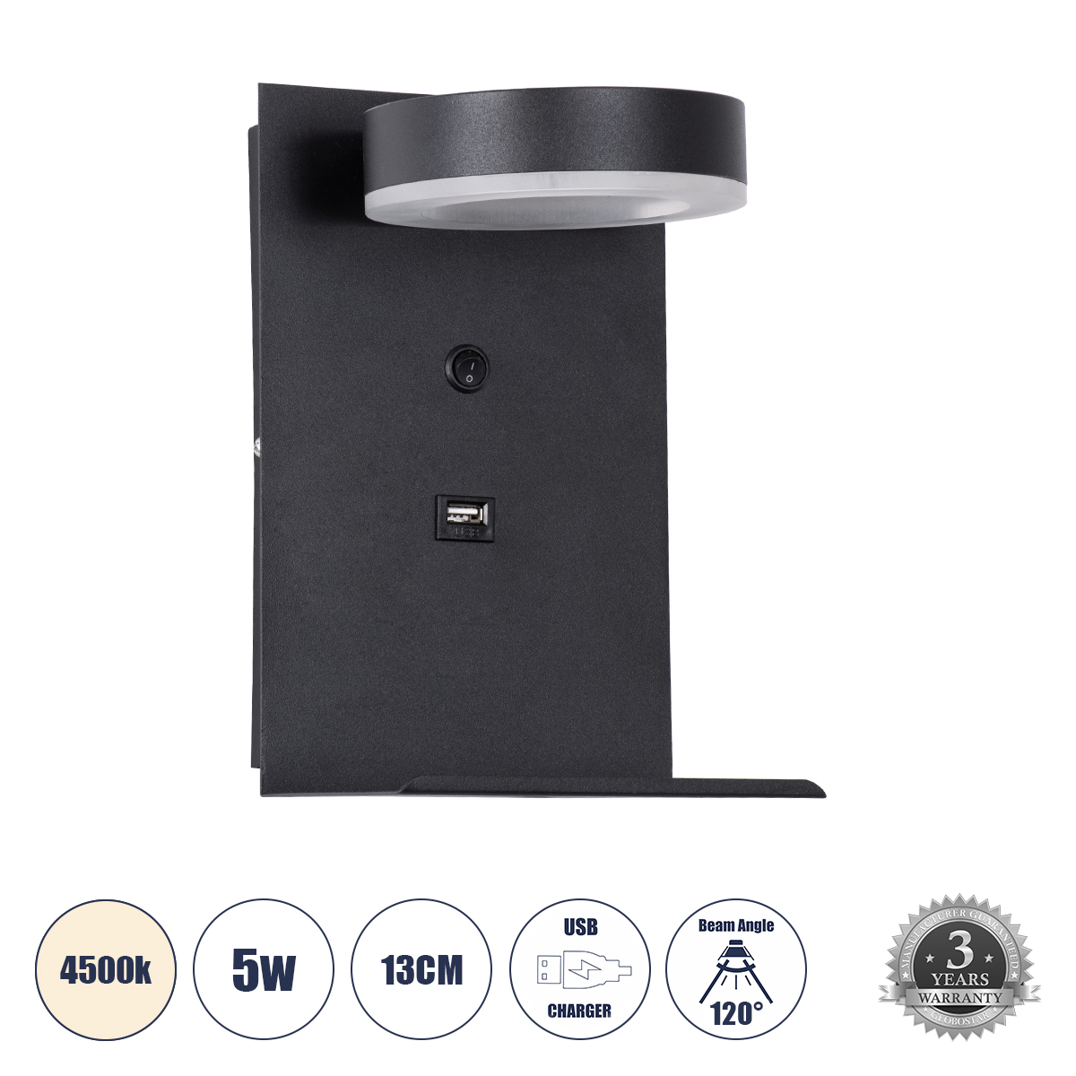 LEDTM® CROWN 61370 Μοντέρνο Φωτιστικό Τοίχου - Απλίκα Ξενοδοχείου Reading Light με Φορτιστή USB 3A LED 5W 550lm 120° AC 220-240V IP20 Φυσικό Λευκό 4500K - Bridgelux COB Chip & TÜV SÜD Driver - Μαύρο Ματ - Μ15 x Π15 x Υ23cm - 3 Χρόνια Εγγύηση - Image 2