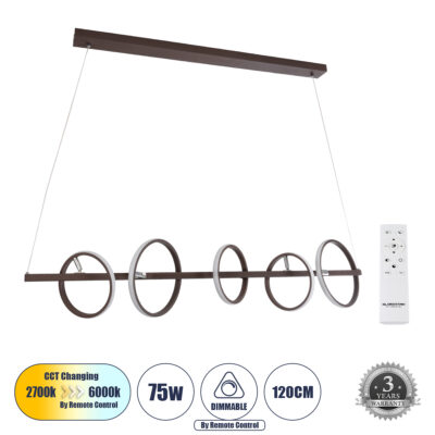 Alternative view of LEDTM® CIRCOLARE 61321 Μοντέρνο Κρεμαστό Φωτιστικό Οροφής LED 75W 8400lm 360° AC 220-240V IP20 Ρυθμιζόμενο Λευκό CCT με Χειριστήριο από 2700K έως 6000K Dimmable - Lumileds SMD Chip - Καφέ - Μ120 x Π25 x Υ25cm - 3 Χρόνια Εγγύηση