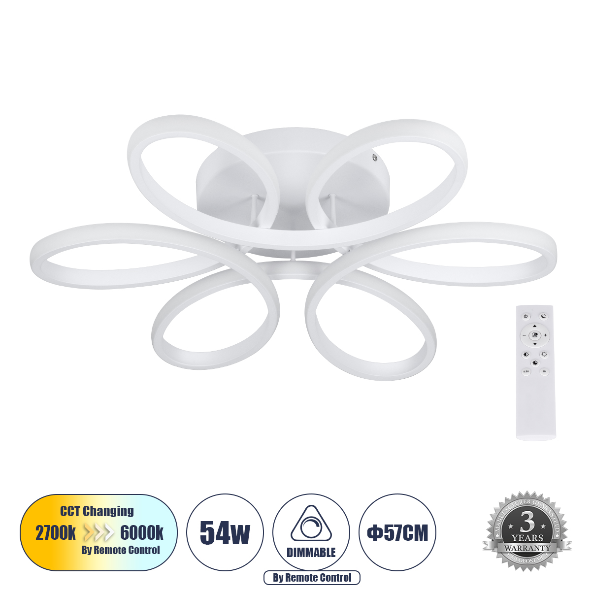 LEDTM® MARGARET 61401 Μοντέρνο Φωτιστικό Οροφής LED 54W 6210lm 360° AC 220-240V IP20 Ρυθμιζόμενο Λευκό CCT με Χειριστήριο από 2700K έως 6000K Dimmable - Lumileds SMD Chip - Λευκό Ματ - Μ57 x Π57 x Υ12cm - 3 Χρόνια Εγγύηση - Image 2