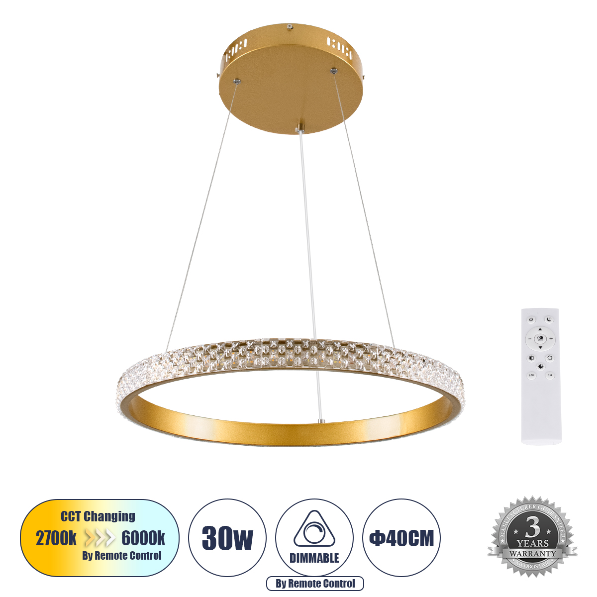 LEDTM® DIAMOND 61129 Μοντέρνο Κρεμαστό Φωτιστικό Οροφής LED 30W 3513lm 360° AC 220-240V IP20 Ρυθμιζόμενο Λευκό CCT με Χειριστήριο από 2700K έως 6000K Dimmable - Lumileds SMD Chip - Χρυσό Βούρτσας - Μ40 x Π40 x Υ3cm - 3 Χρόνια Εγγύηση - Image 2