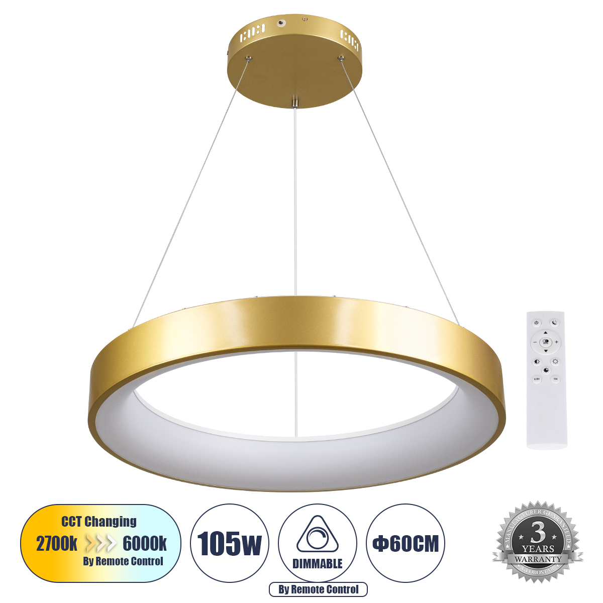 LEDTM® SALEM 61247 Μοντέρνο Κρεμαστό Φωτιστικό Οροφής LED 105W 12075lm 120° AC 220-240V IP20 Ρυθμιζόμενο Λευκό CCT με Χειριστήριο από 2700K έως 6000K Dimmable - Lumileds SMD Chip - Χρυσό - Μ60 x Π60 x Υ6cm - 3 Χρόνια Εγγύηση - Image 2