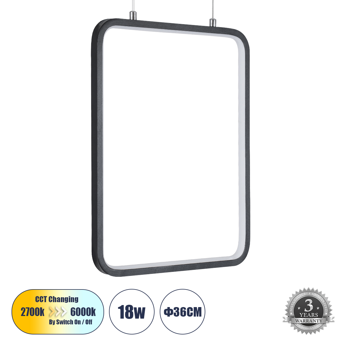 LEDTM® NEROBA 61302 Μοντέρνο Κρεμαστό Φωτιστικό Οροφής LED 18W 1980lm 360° AC 220-240V IP20 Ρυθμιζόμενο Λευκό CCT με On/Off 2700K/4500K/6000K - Lumileds SMD Chip - Μαύρο Ματ - Μ29 x Π2 x Υ36cm - 3 Χρόνια Εγγύηση - Image 2