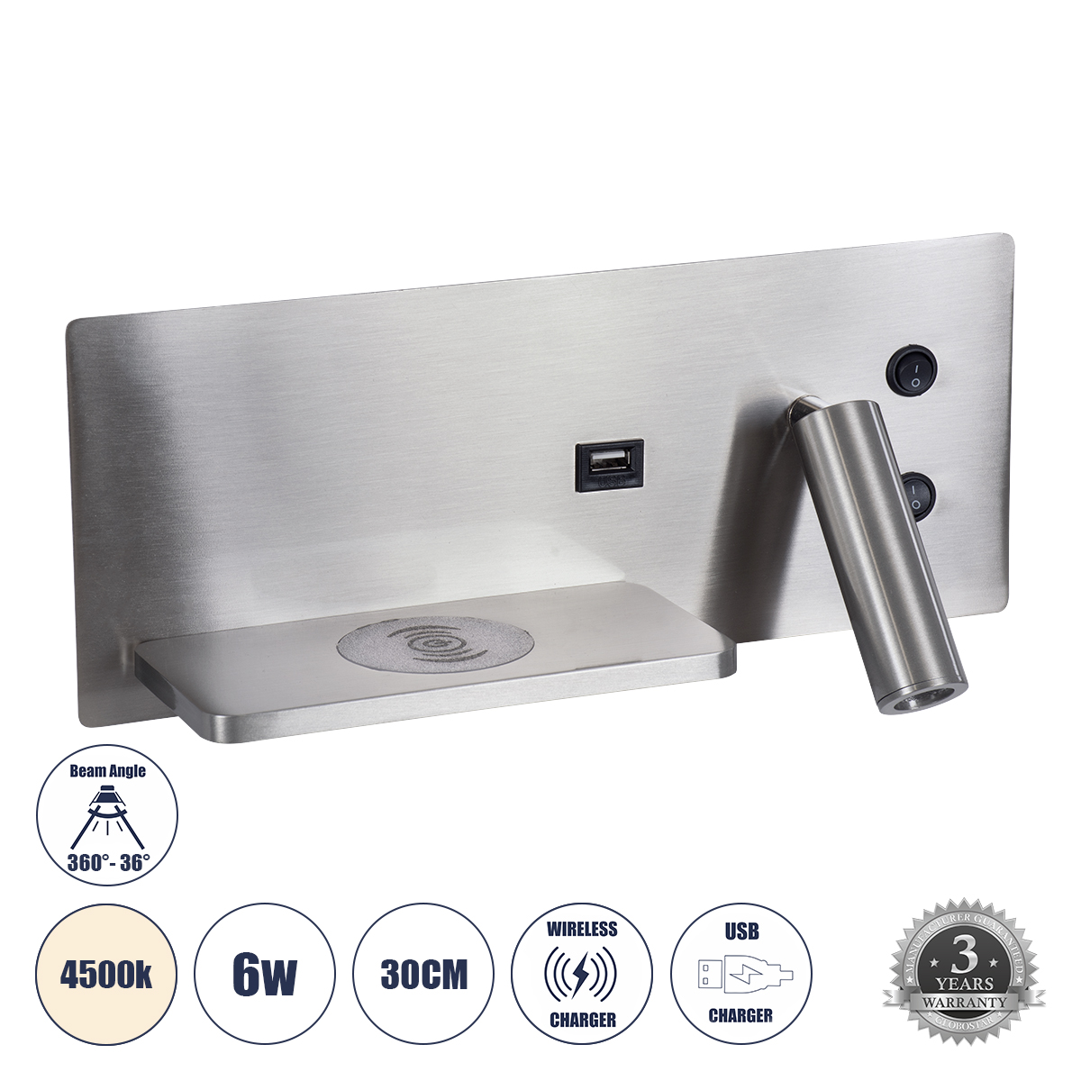 LEDTM® PALADIN 61355 Μοντέρνο Φωτιστικό Τοίχου - Απλίκα Ξενοδοχείου Reading Light με Φορτιστή USB 3A & Wireless 20W LED 6W 720lm 36° & 360° AC 220-240V IP20 Φυσικό Λευκό 4500K - Bridgelux COB Chip & TÜV SÜD Driver - Νίκελ Βούρτσας - Μ30 x Π11 x Υ12cm - 3 Χρόνια Εγγύηση - Image 2