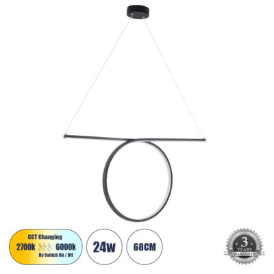 Alternative view of LEDTM® ROME 61294 Μοντέρνο Κρεμαστό Φωτιστικό Οροφής LED 24W 2640lm 200° AC 220-240V IP20 Ρυθμιζόμενο Λευκό CCT με On/Off 2700K/4500K/6000K - Lumileds SMD Chip - Μαύρο Ματ - Μ65.5 x Π4 x Υ33cm - 3 Χρόνια Εγγύηση