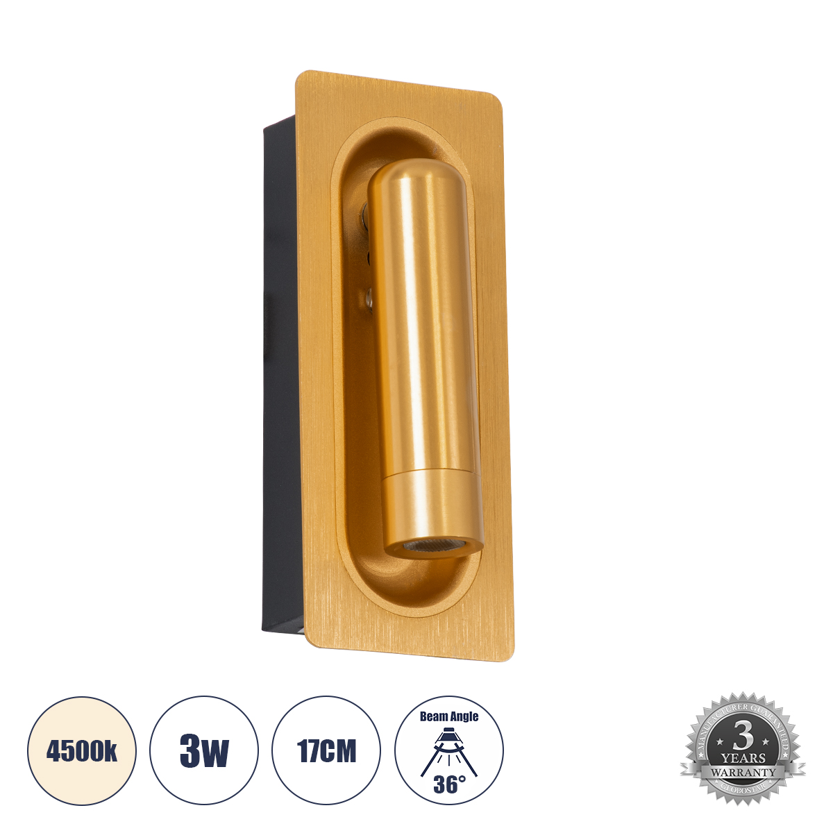 LEDTM® MANHATTAN 61100 Μοντέρνο Φωτιστικό Τοίχου - Απλίκα Ξενοδοχείου Reading Light LED 3W 405lm 36° AC 220-240V IP20 Φυσικό Λευκό 4500K - Bridgelux COB Chip & TÜV SÜD Driver - Χρυσό Βούρτσας - Μ7 x Π7 x Υ17cm - 3 Χρόνια Εγγύηση - Image 2