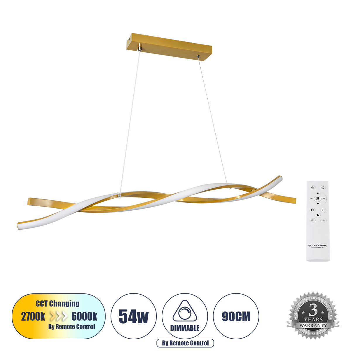 LEDTM® MORALES 61278 Μοντέρνο Κρεμαστό Φωτιστικό Οροφής LED 54W 6048lm 300° AC 220-240V IP20 Ρυθμιζόμενο Λευκό CCT με Χειριστήριο από 2700K έως 6000K Dimmable - Lumileds SMD Chip - Σατινέ Χρυσό Βούρτσας - Μ90 x Π14 x Υ14cm - 3 Χρόνια Εγγύηση - Image 2