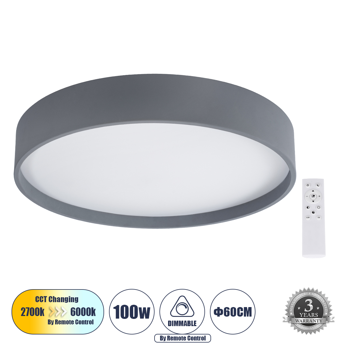 LEDTM® NARNIA 61260 Μοντέρνο Φωτιστικό Οροφής LED 100W 11500lm 120° AC 220-240V IP20 Ρυθμιζόμενο Λευκό CCT με Χειριστήριο από 2700K έως 6000K Dimmable - Lumileds SMD Chip - Γκρι Ματ - Μ60 x Π60 x Υ10cm - 3 Χρόνια Εγγύηση - Image 2