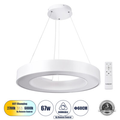 Alternative view of LEDTM® RA 61195 Μοντέρνο Κρεμαστό Φωτιστικό Οροφής LED 67W 7370lm 120° AC 220-240V IP20 Ρυθμιζόμενο Λευκό CCT με Χειριστήριο από 2700K έως 6000K Dimmable - Lumileds SMD Chip - Λευκό Ματ - Μ60 x Π60 x Υ8cm - 3 Χρόνια Εγγύηση