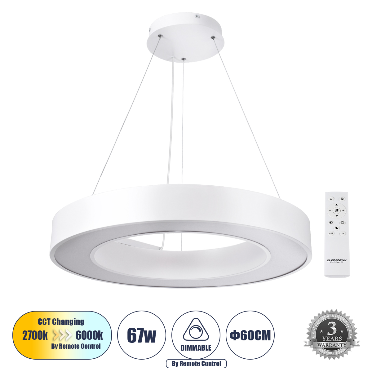 LEDTM® RA 61195 Μοντέρνο Κρεμαστό Φωτιστικό Οροφής LED 67W 7370lm 120° AC 220-240V IP20 Ρυθμιζόμενο Λευκό CCT με Χειριστήριο από 2700K έως 6000K Dimmable - Lumileds SMD Chip - Λευκό Ματ - Μ60 x Π60 x Υ8cm - 3 Χρόνια Εγγύηση - Image 2