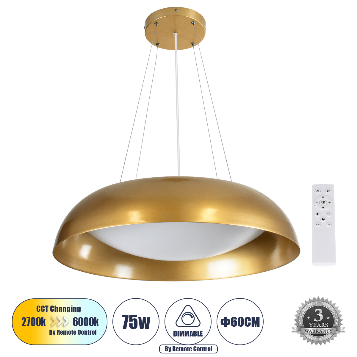 LEDTM® ANATOLIA 61270 Μοντέρνο Κρεμαστό Φωτιστικό Οροφής LED 75W 8625lm 120° AC 220-240V IP20 Ρυθμιζόμενο Λευκό CCT με Χειριστήριο από 2700K έως 6000K Dimmable - Lumileds SMD Chip - Χρυσό - Μ60 x Π60 x Υ12.5cm - 3 Χρόνια Εγγύηση - Image 2