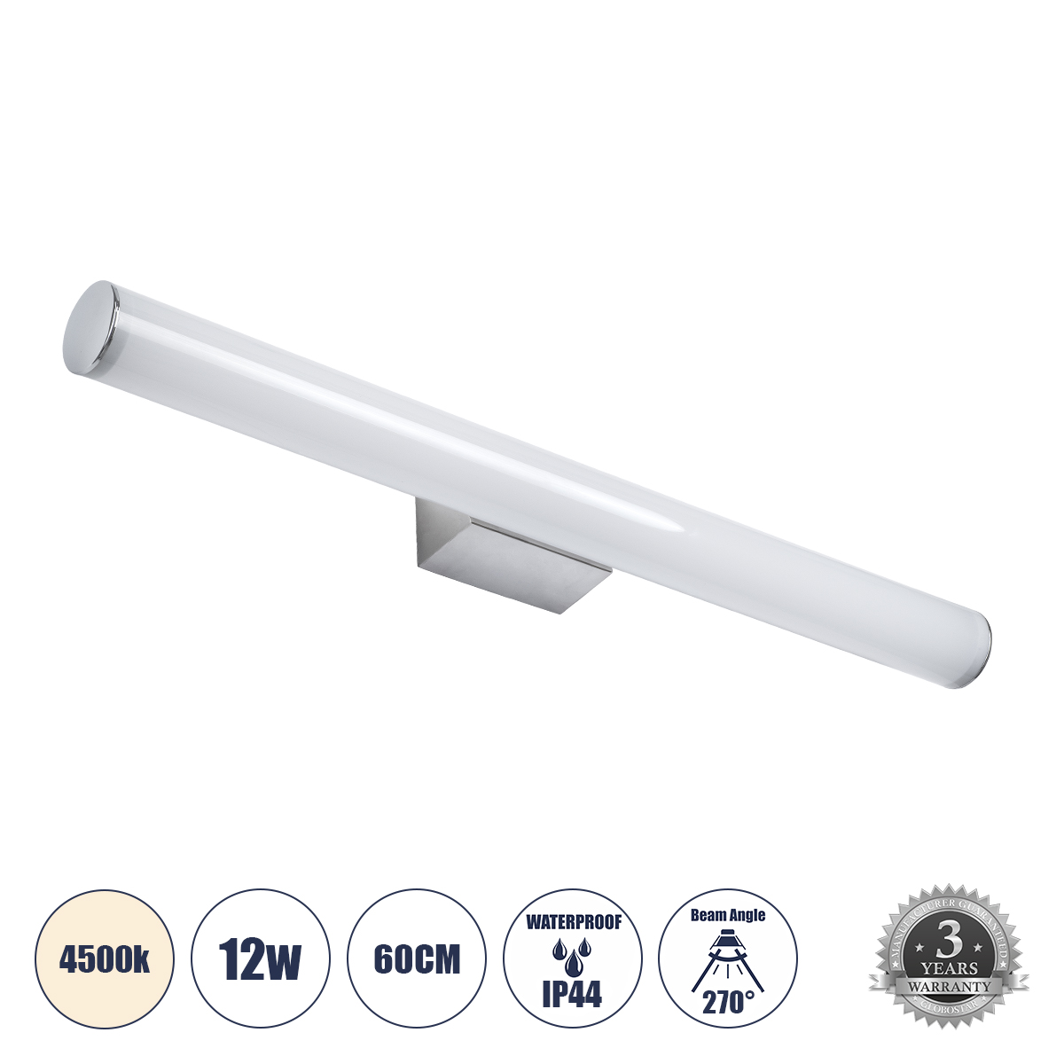 LEDTM® MABEL 60430 Μοντέρνο Φωτιστικό Τοίχου - Απλίκα Καθρέπτη Μπάνιου LED 12W 1400lm 240° AC 220-240V IP44 Φυσικό Λευκό 4500K - Lumileds SMD Chip & TÜV SÜD Driver - Νίκελ Χρώμιο - Μ60 x Π10 x Υ5cm - 3 Χρόνια Εγγύηση - Image 2