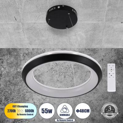 Alternative view of LEDTM® MELINA 61043 Μοντέρνο Κρεμαστό Φωτιστικό Οροφής LED 55W 6376lm 120° AC 220-240V IP20 Ρυθμιζόμενο Λευκό CCT με Χειριστήριο από 2700K έως 6000K Dimmable - Lumileds SMD Chip - Μαύρο Ματ - Μ48 x Π48 x Υ6.5cm - 3 Χρόνια Εγγύηση