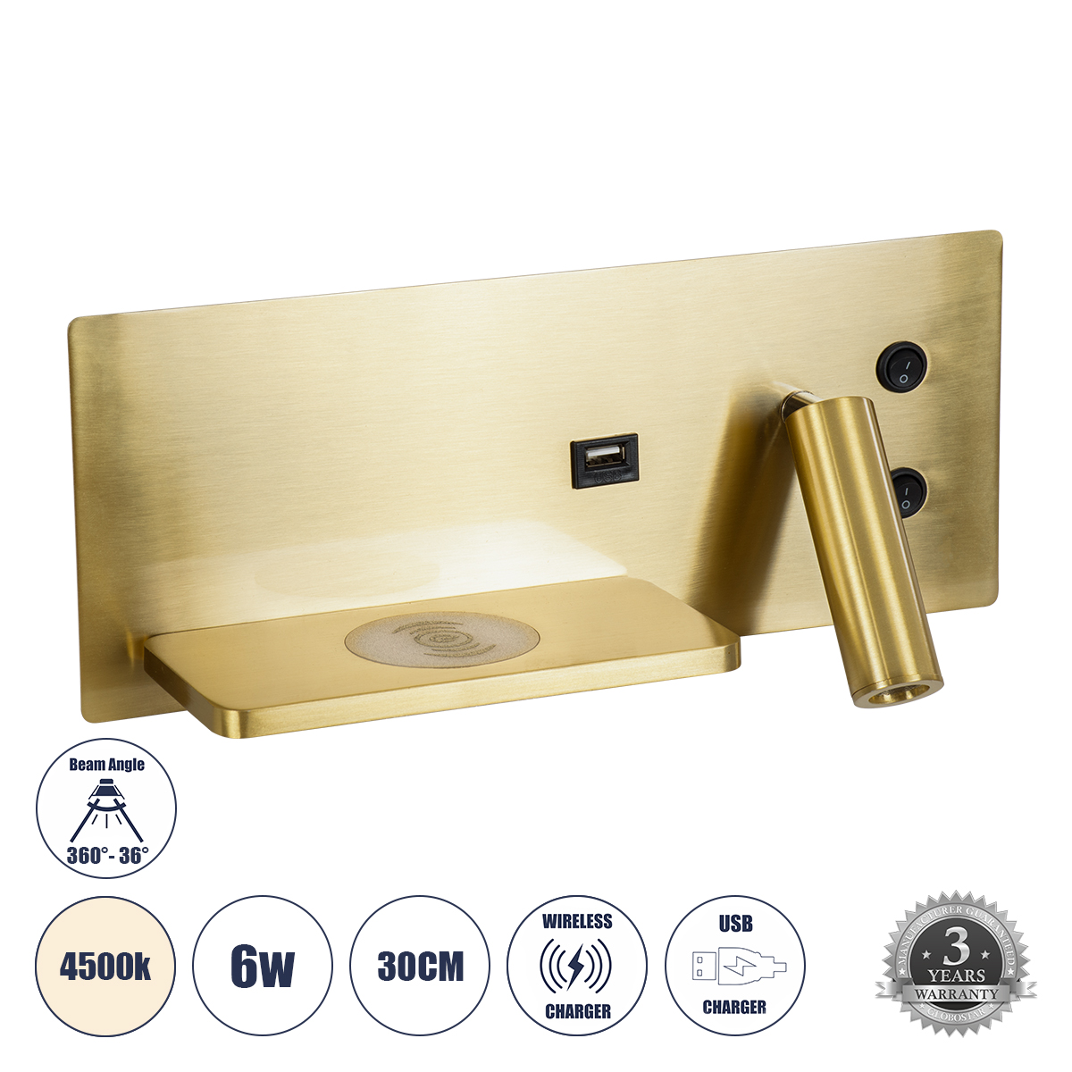 LEDTM® PALADIN 61357 Μοντέρνο Φωτιστικό Τοίχου - Απλίκα Ξενοδοχείου Reading Light με Φορτιστή USB 3A & Wireless 20W LED 6W 720lm 36° & 360° AC 220-240V IP20 Φυσικό Λευκό 4500K - Bridgelux COB Chip & TÜV SÜD Driver - Χρυσό Βούρτσας - Μ30 x Π11 x Υ12cm - 3 Χρόνια Εγγύηση - Image 2