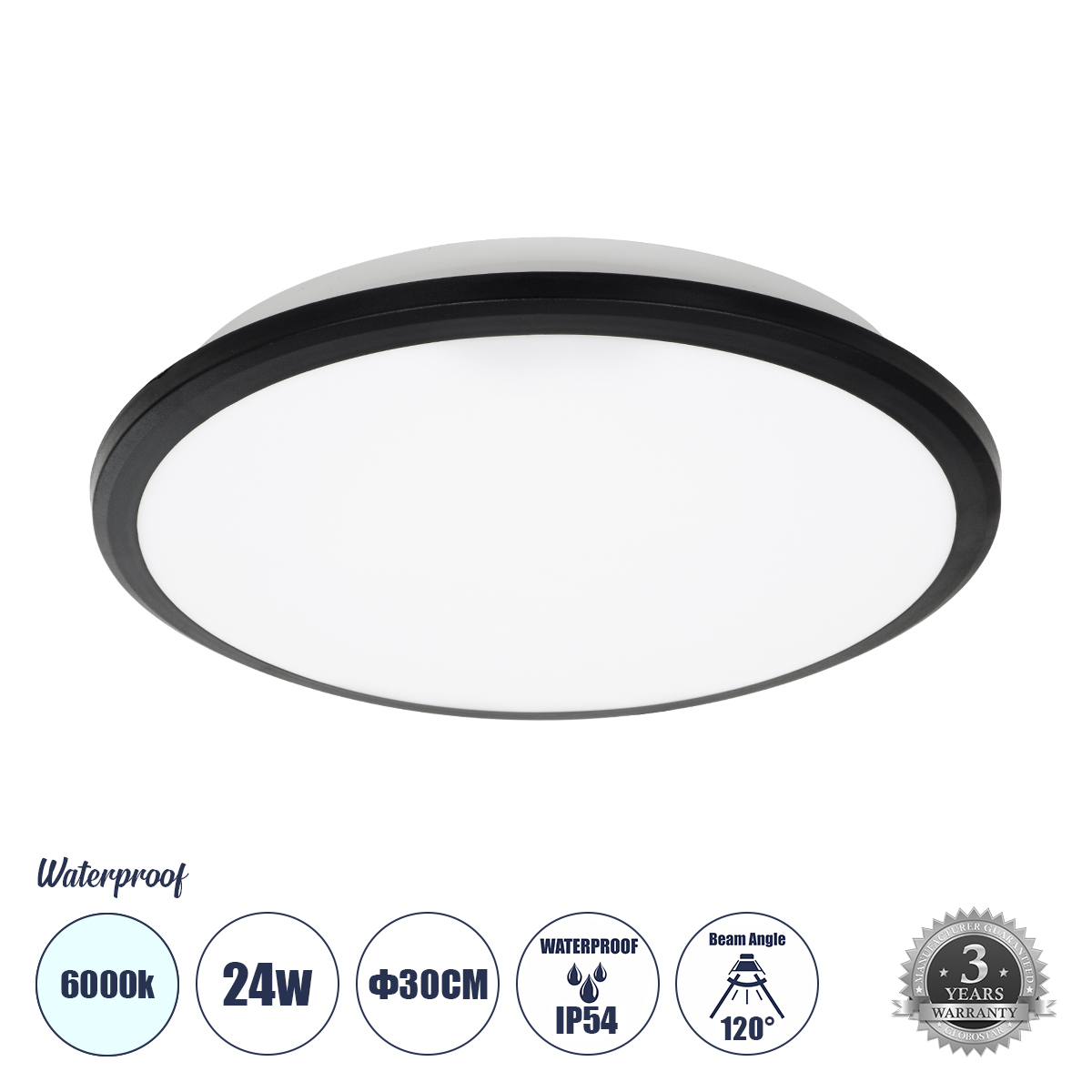 LEDTM® TUFFIN 60996 Μοντέρνο Φωτιστικό Οροφής LED 24W 2760lm 120° AC 220-240V Αδιάβροχο IP54 Ψυχρό Λευκό 6000K - Lumileds SMD Chip - Μαύρο Ματ & Λευκό Γαλακτερό - Μ30 x Π30 x Υ6.5cm - 3 Χρόνια Εγγύηση - Image 2